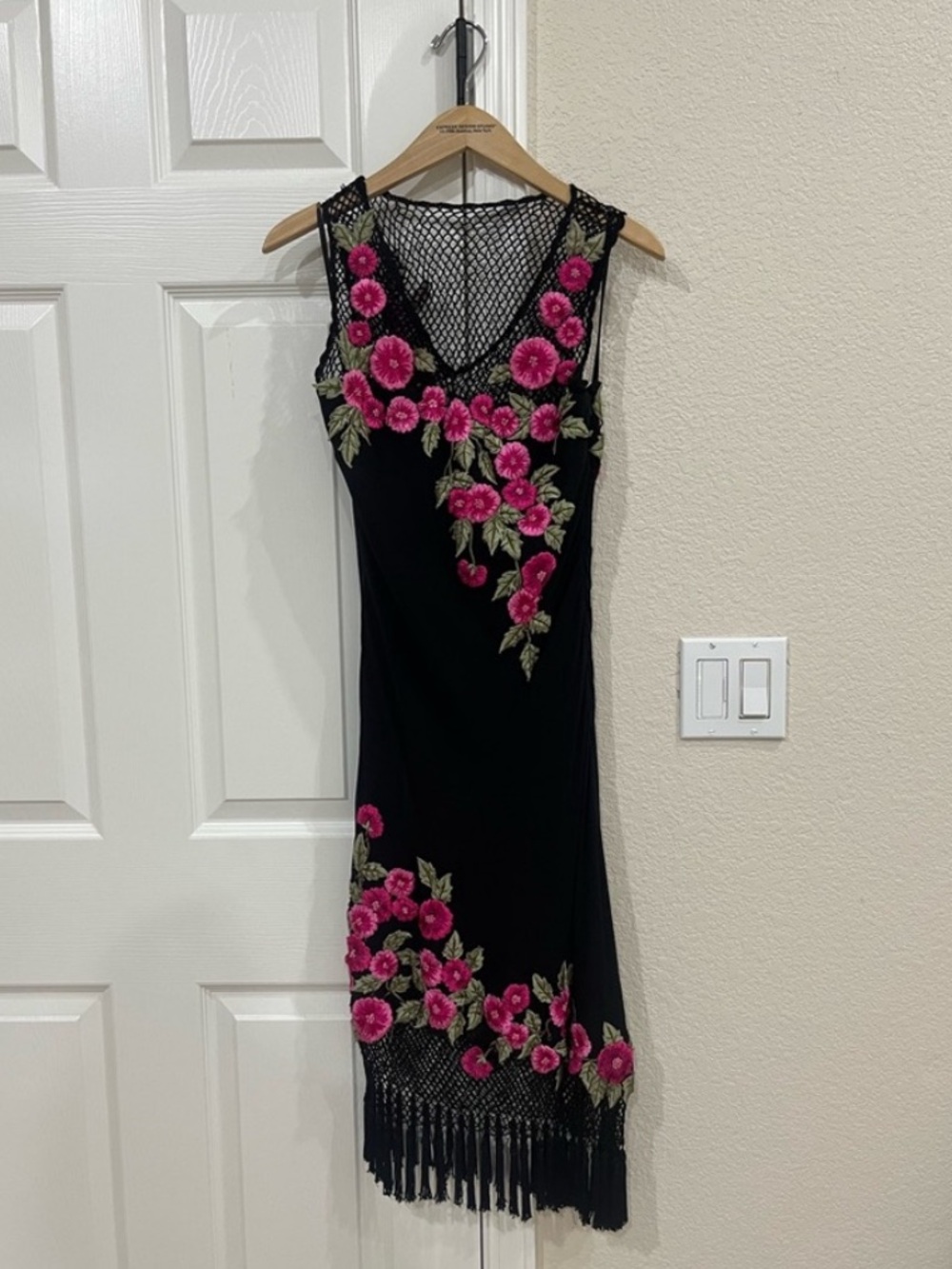 Sue Wong Pink Floral Embroidered Fringe Dress